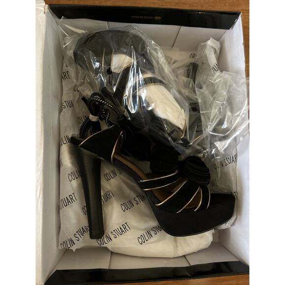 Colin Stuart Black Platform Stiletto Pumps Black Gold Ruffled Tie Up New 7.5 - Picture 8 of 8